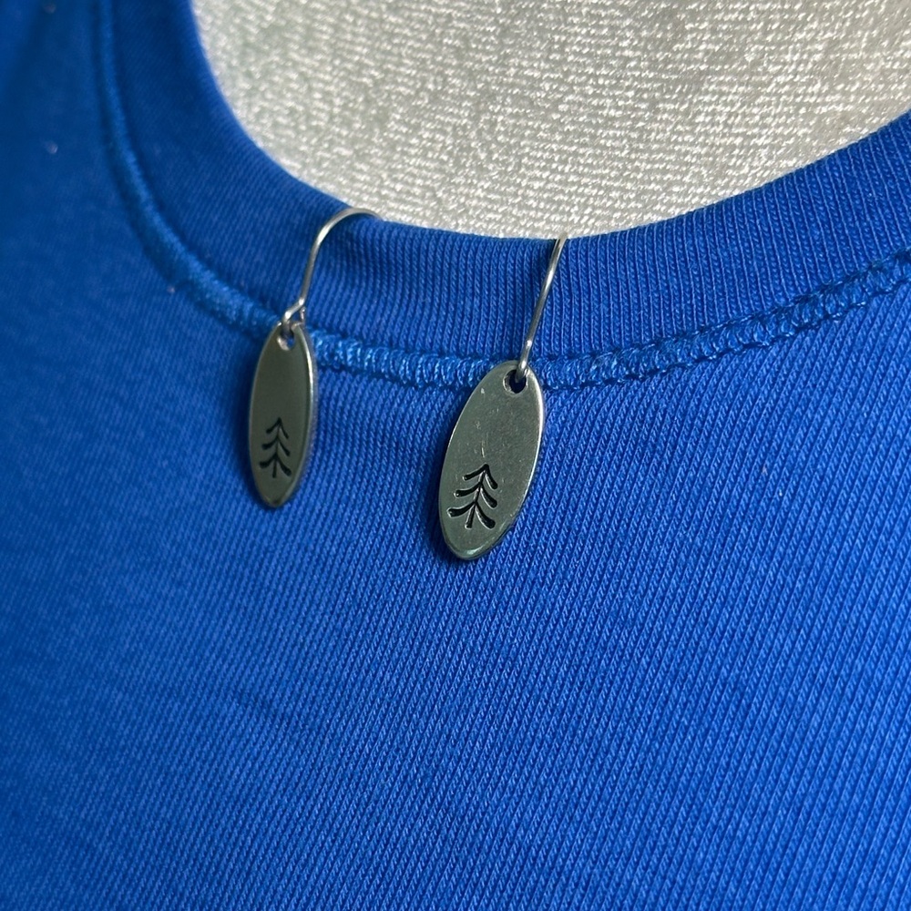 Stainless Steel Non-Tarnish Pine Tree Charm Drop Earrings - Silver tone.
